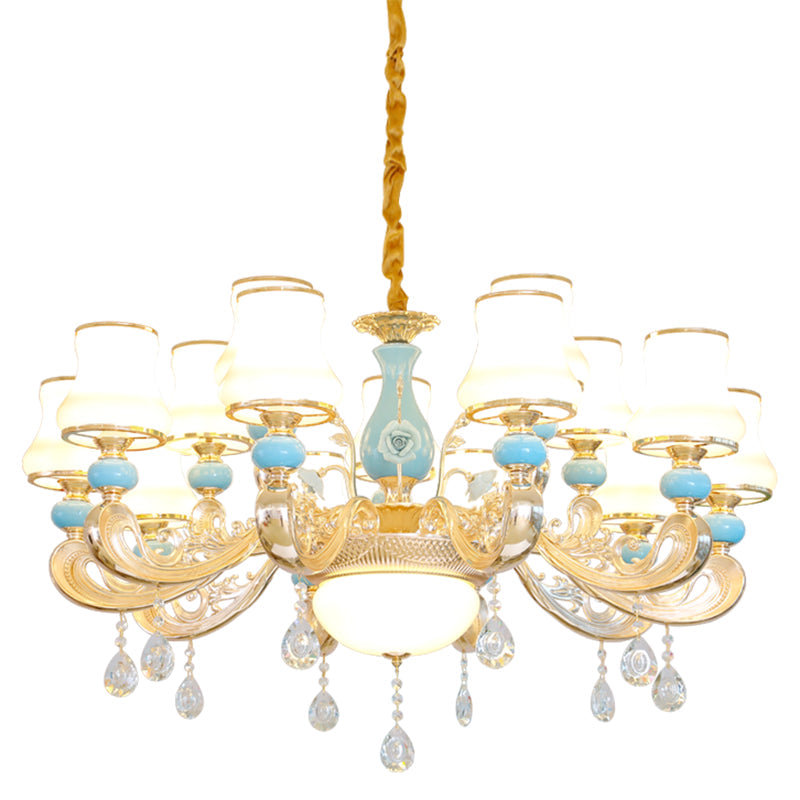 Modern Opal Frosted Glass Pendant Chandelier with Crystal Accent - Tapered Gold Hanging Light Kit