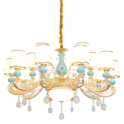 Modern Opal Frosted Glass Pendant Chandelier with Crystal Accent - Tapered Gold Hanging Light Kit
