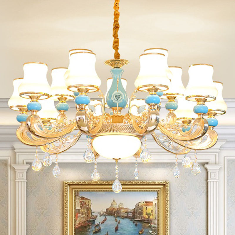 Modern Opal Frosted Glass Pendant Chandelier with Crystal Accent - Tapered Gold Hanging Light Kit