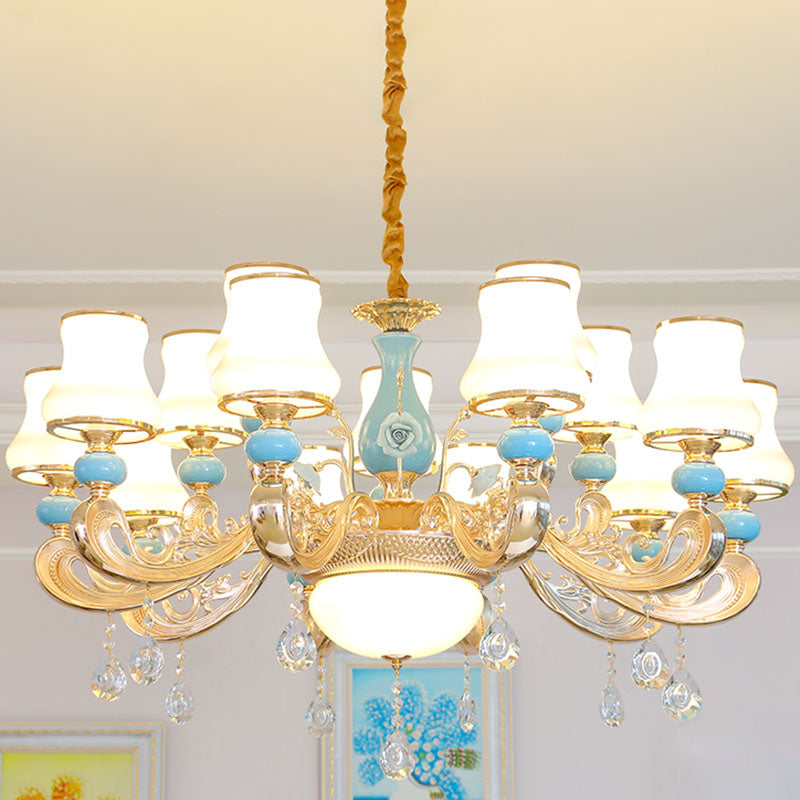Modern Opal Frosted Glass Pendant Chandelier with Crystal Accent - Tapered Gold Hanging Light Kit