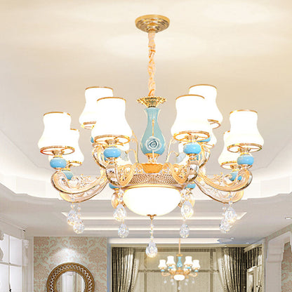 Modern Opal Frosted Glass Pendant Chandelier with Crystal Accent - Tapered Gold Hanging Light Kit