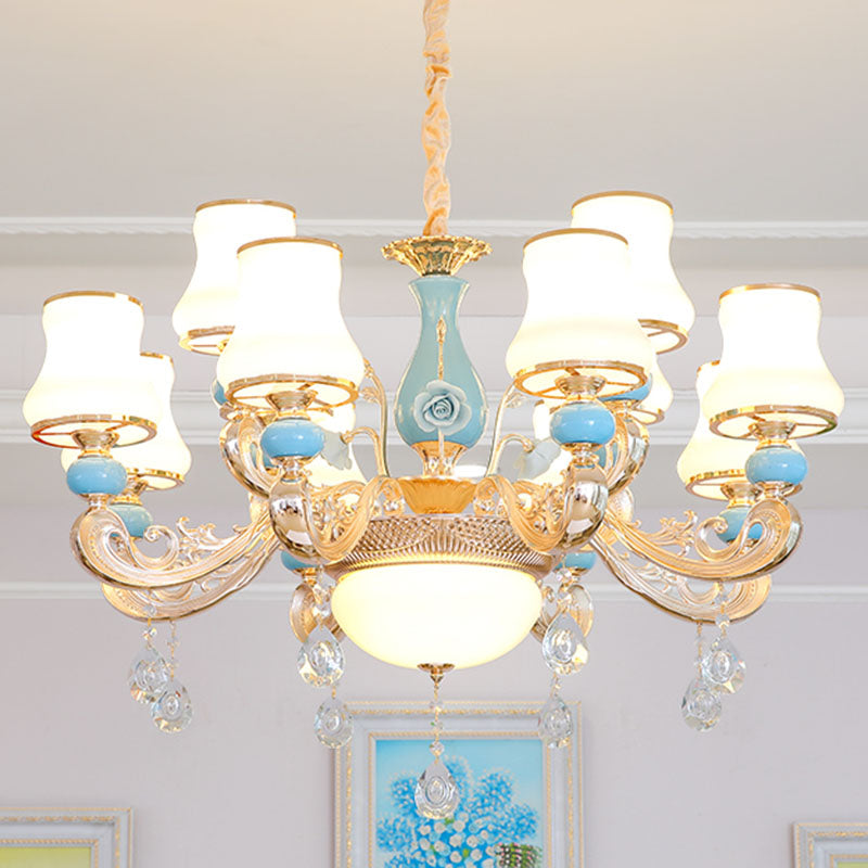 Modern Opal Frosted Glass Pendant Chandelier with Crystal Accent - Tapered Gold Hanging Light Kit