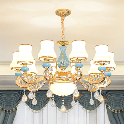 Modern Opal Frosted Glass Pendant Chandelier with Crystal Accent - Tapered Gold Hanging Light Kit