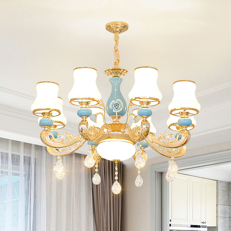 Modern Opal Frosted Glass Pendant Chandelier with Crystal Accent - Tapered Gold Hanging Light Kit