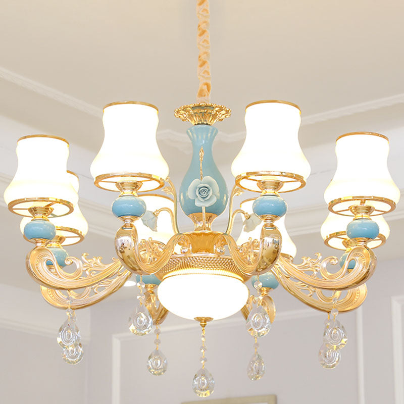 Modern Opal Frosted Glass Pendant Chandelier with Crystal Accent - Tapered Gold Hanging Light Kit