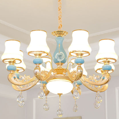 Modern Opal Frosted Glass Pendant Chandelier with Crystal Accent - Tapered Gold Hanging Light Kit