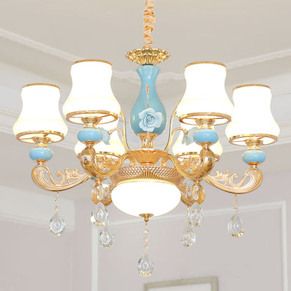 Modern Opal Frosted Glass Pendant Chandelier with Crystal Accent - Tapered Gold Hanging Light Kit