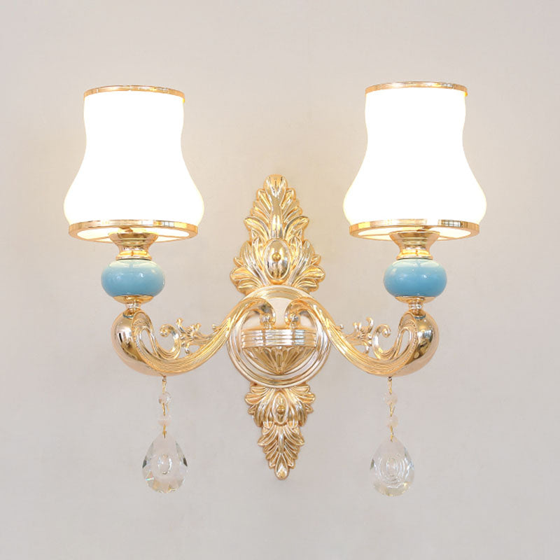 Modern Opal Frosted Glass Pendant Chandelier with Crystal Accent - Tapered Gold Hanging Light Kit