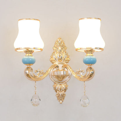 Modern Opal Frosted Glass Pendant Chandelier with Crystal Accent - Tapered Gold Hanging Light Kit