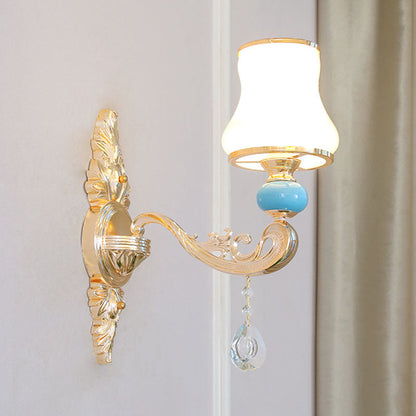 Modern Opal Frosted Glass Pendant Chandelier with Crystal Accent - Tapered Gold Hanging Light Kit