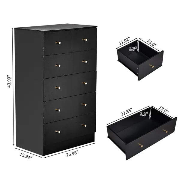 Black Matte Finish Particleboard With Melamine Veneer, 66*40*111cm, 4+2 Drawer Cabinet, Matte Gold Handles