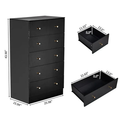 Black Matte Finish Particleboard With Melamine Veneer, 66*40*111cm, 4+2 Drawer Cabinet, Matte Gold Handles