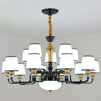 Contemporary Black Chandelier Light Fixture for Dining Room - White Glass Barrel Drop Lamp