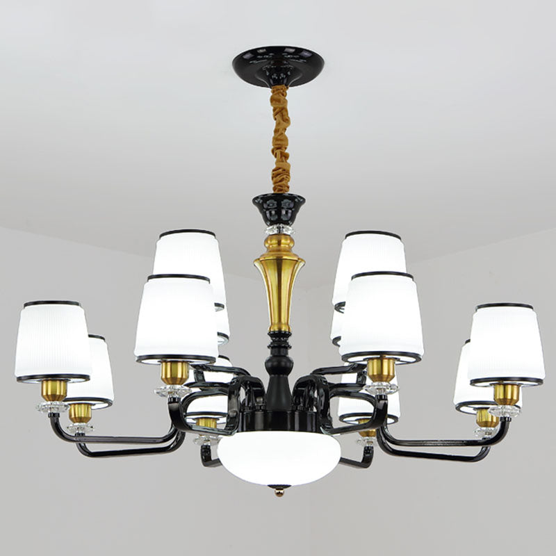 Contemporary Black Chandelier Light Fixture for Dining Room - White Glass Barrel Drop Lamp