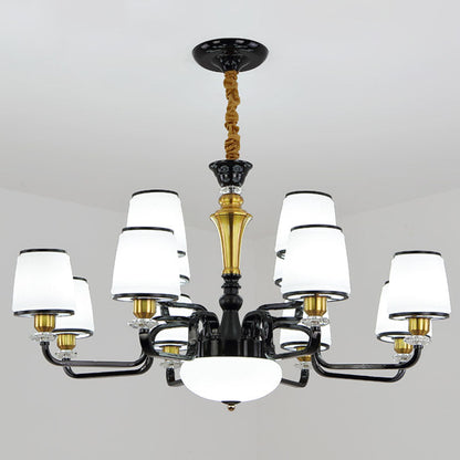 Contemporary Black Chandelier Light Fixture for Dining Room - White Glass Barrel Drop Lamp