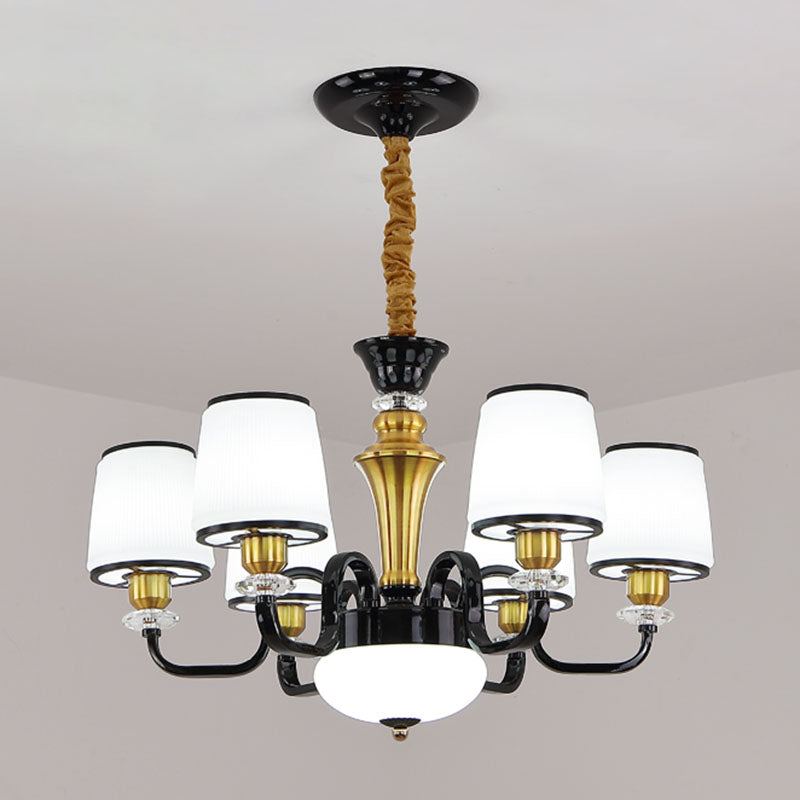 Contemporary Black Chandelier Light Fixture for Dining Room - White Glass Barrel Drop Lamp