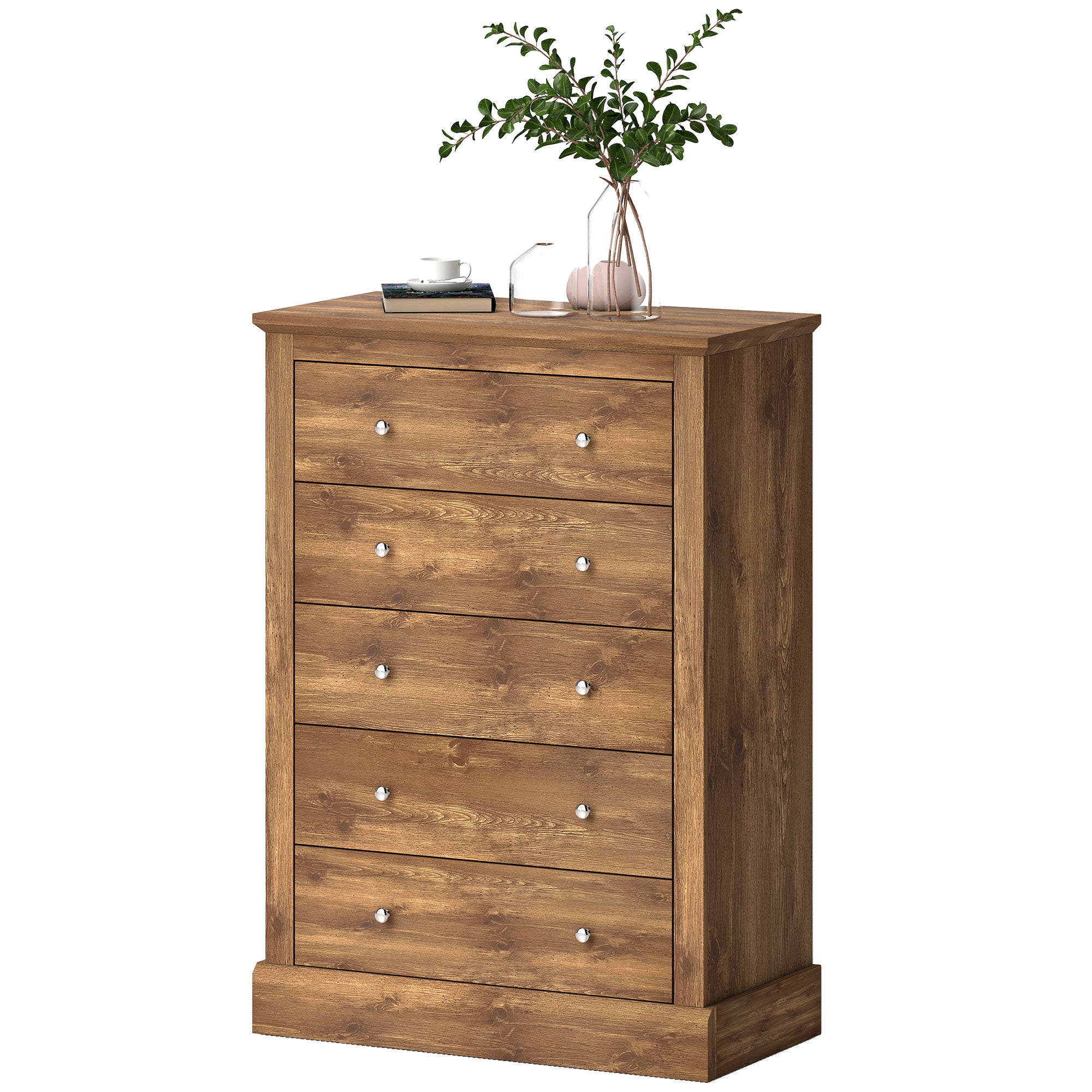 Cómoda de Granja Ancha de 31 Pulgadas con 5 Cajones, Mueble para Dormitorio con Superficie de Madera para Sala de Estar, Marrón