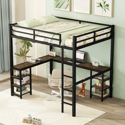 Full Metal Loft Bed With Desk And Shelves, Loft Bed With Ladder And Guardrails, Loft Bed Frame For B
