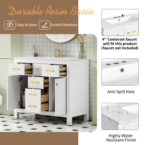 36'' Badezimmer-Waschständer mit Keramik-Waschbecken-Kombinationsset, moderner freistehender einzelner Badezimmerschrank mit 4 Schubladen & 2 Schränken, Stauraumschrank für das Badezimmer, Waschständer-Set mit massivem Holzrahmen, weiß