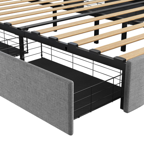 Estructura de Cama de Tamaño Completo con LED, 4 Cajones de Almacenamiento Portátiles Bajo la Cama, Diseño de Cabecero con Alas, Gris Claro