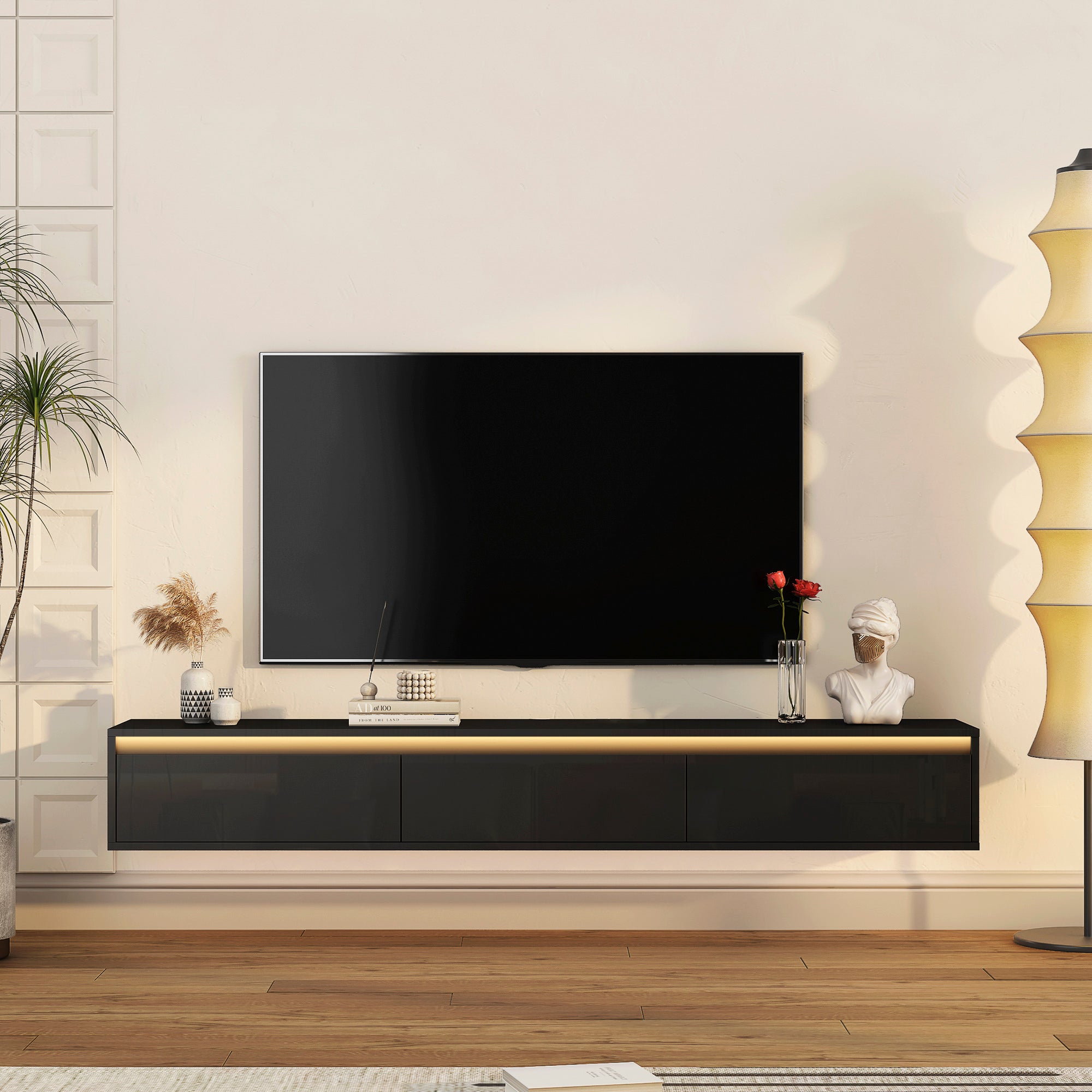 Schwebender TV-Ständer, Wandmontierter TV-Regal mit LED-Lichtern & Stromsteckdose, Hochglänzender TV-Schrank für schwarze TV-Ständer für das Wohnzimmer