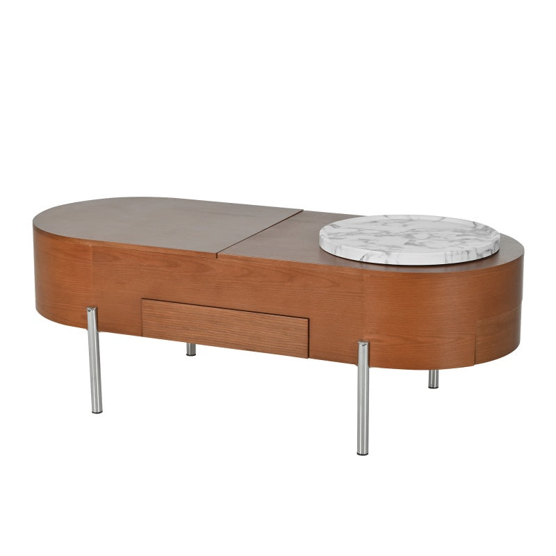 Mesa de café elevable de 47,2 pulgadas con bandeja giratoria de 360 grados con patrón de mármol, tablero ovalado elevable moderno, plataforma prohibida Temu