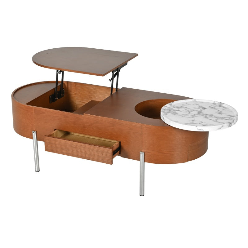 Mesa de café elevable de 47,2 pulgadas con bandeja giratoria de 360 grados con patrón de mármol, tablero ovalado elevable moderno, plataforma prohibida Temu