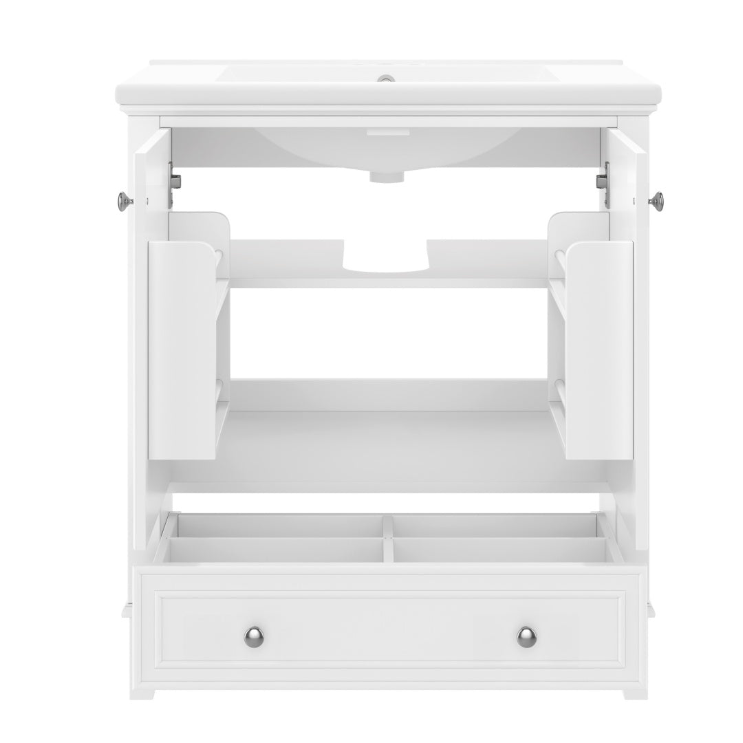 30 Bathroom Vanity With Sink Combo, Multi-functional Bathroom Cabinet With Doors And Drawer, Solid Frame And MDF Board, White