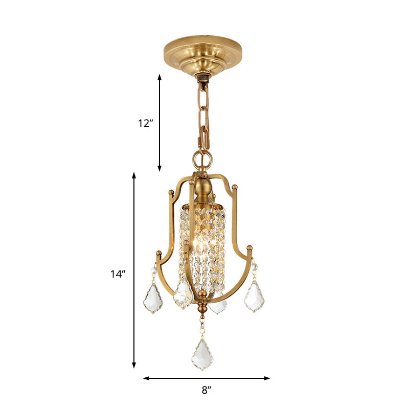 Vintage Metal Lantern Frame Pendant Ceiling Light with Crystal Accent - Brass Finish