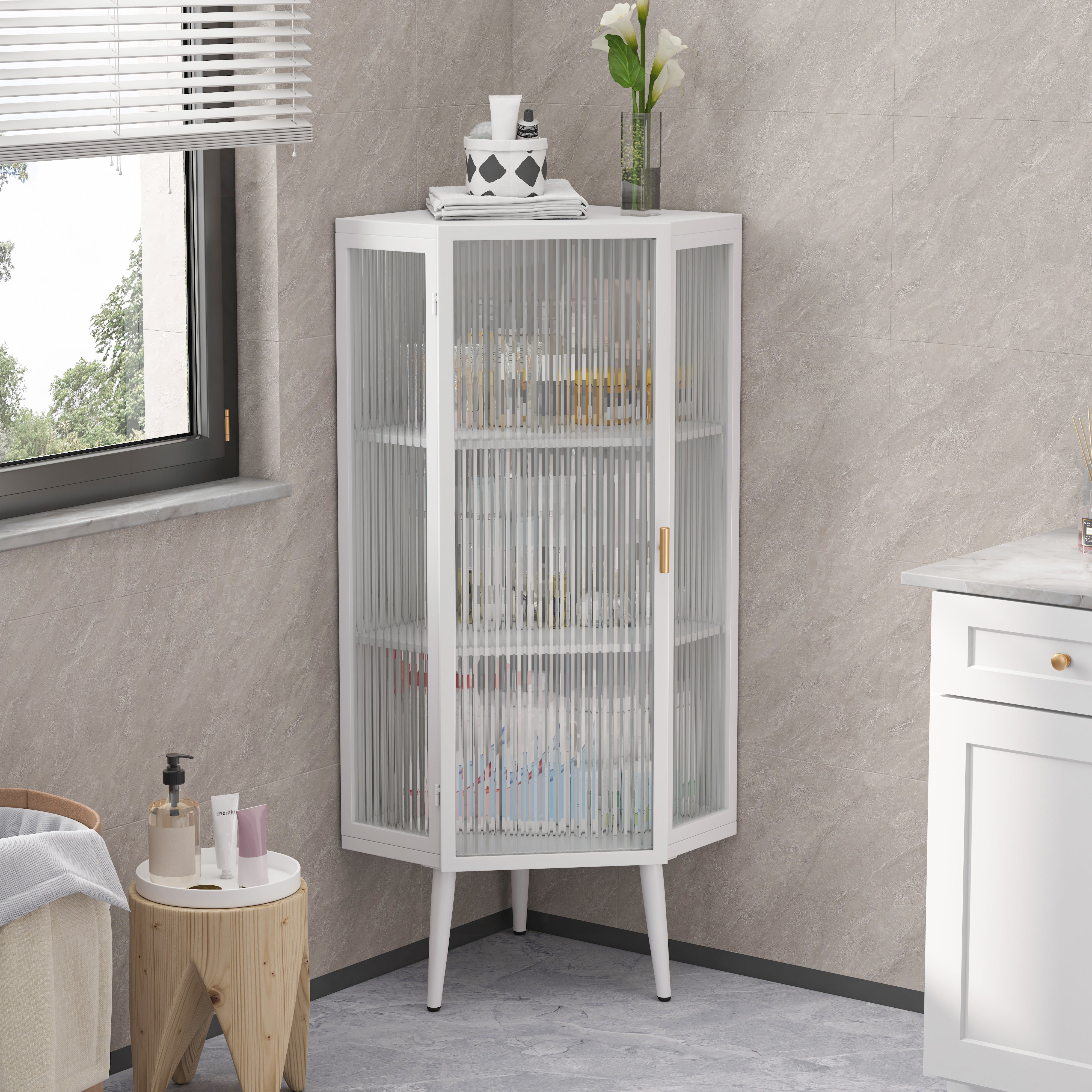 White Corner Cabinet Tempered Glass Bathroom Storage