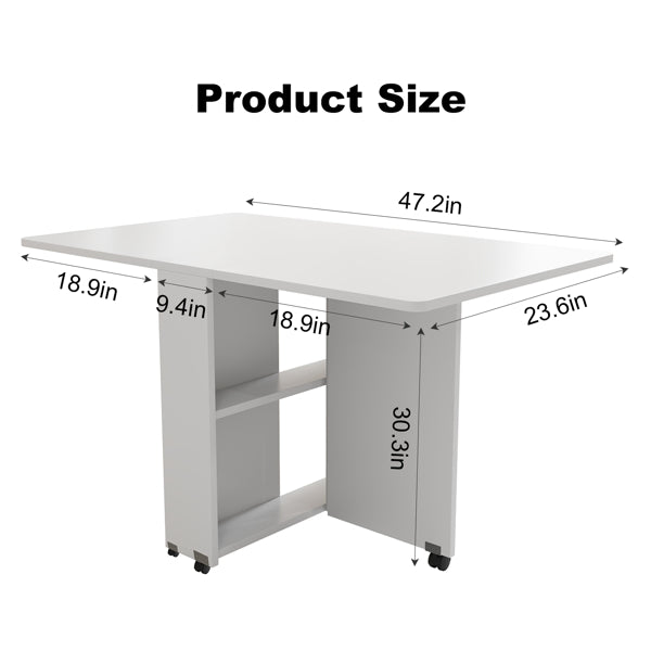 Mesa Plegable de Comedor con Hoja Caída, 6 Ruedas y Estante de Almacenamiento de 2 Niveles, Mesa Ahorra Espacio para Espacios Pequeños, 47.2 Pulgadas de Profundidad x 23.6 Pulgadas de Ancho x 30.3 Pulgadas de Altura, Blanca