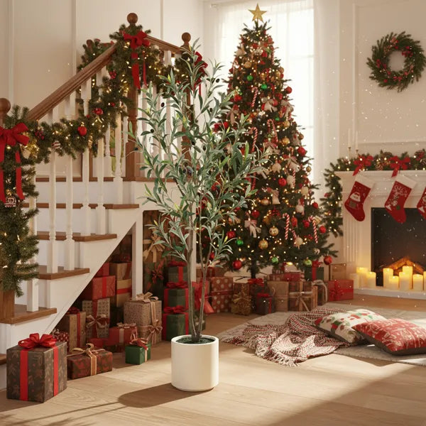 5ft Artificial Christmas Tree With White Planter Natural Fake Tree Indoor Holiday Decor Easy Care Artificial Fir For Home Festive Display Gift For Christmas No Maintenance Tree FBA Shipment