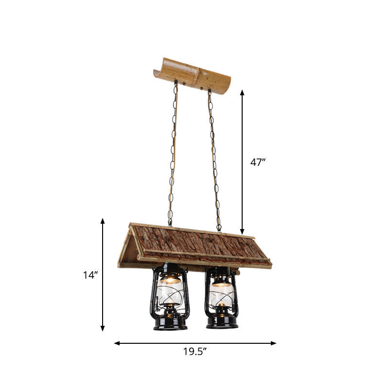 DecorBites™ Farmhouse 2-Light Black Iron Pendant with Clear Glass Shade - Stylish Kerosene Island Hanging Light Fixture for Restaurants - Wood Roof Deco