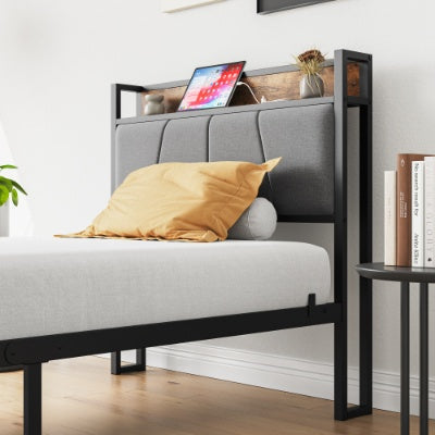 Estructura de Cama de Tamaño Individual, Cabecero con Almacenamiento y Estación de Carga, Sólida y Estable, No se Necesita Resorte de Caja, Ensamblaje Fácil