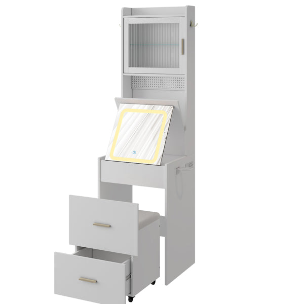 White Hemp Faced Particleboard With Triamine 2 Pull 1 Door 1 Flip LED 3 Tone Light Touch Mirror Dressing Table Set