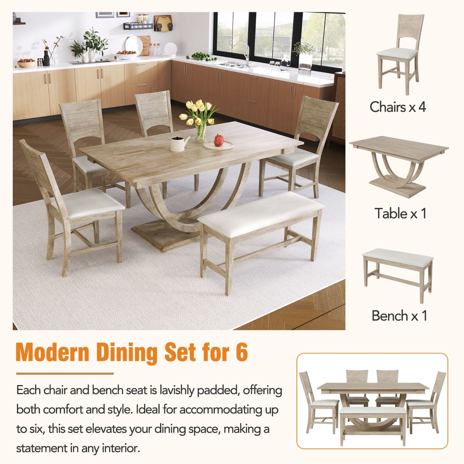 Natural Wood Dining Set Half-Round Table Bench