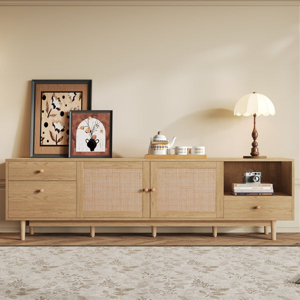 Mueble de TV Boho para televisores de 65, 75, 85 pulgadas, centro de entretenimiento con almacenamiento abierto y cajones, consola de TV de medios de madera moderna con ratán natural
