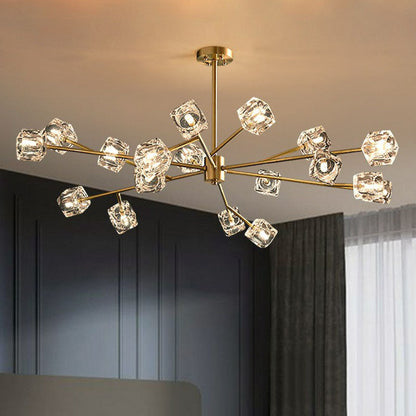 Modern Gold Branch Chandelier Lamp with Clear Crystal Cube - Living Room Suspension Light