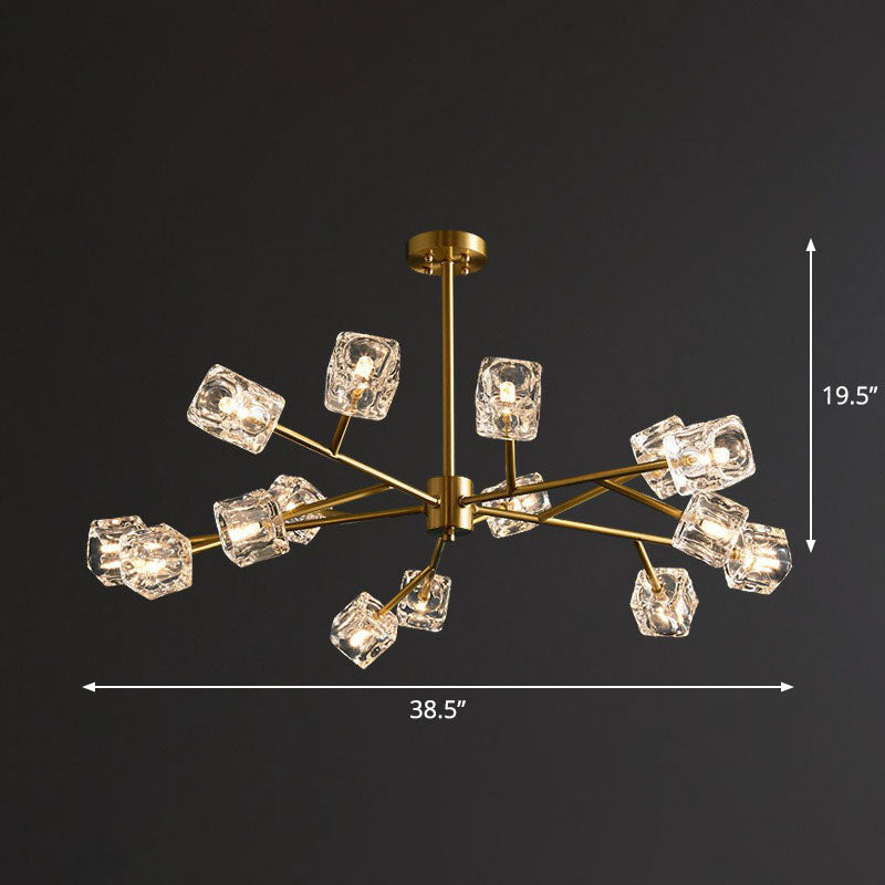Modern Gold Branch Chandelier Lamp with Clear Crystal Cube - Living Room Suspension Light