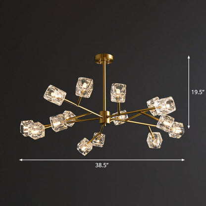 Modern Gold Branch Chandelier Lamp with Clear Crystal Cube - Living Room Suspension Light