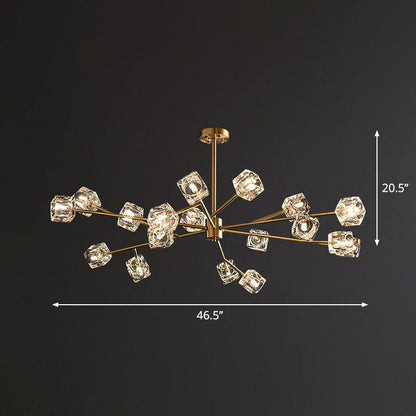 Modern Gold Branch Chandelier Lamp with Clear Crystal Cube - Living Room Suspension Light