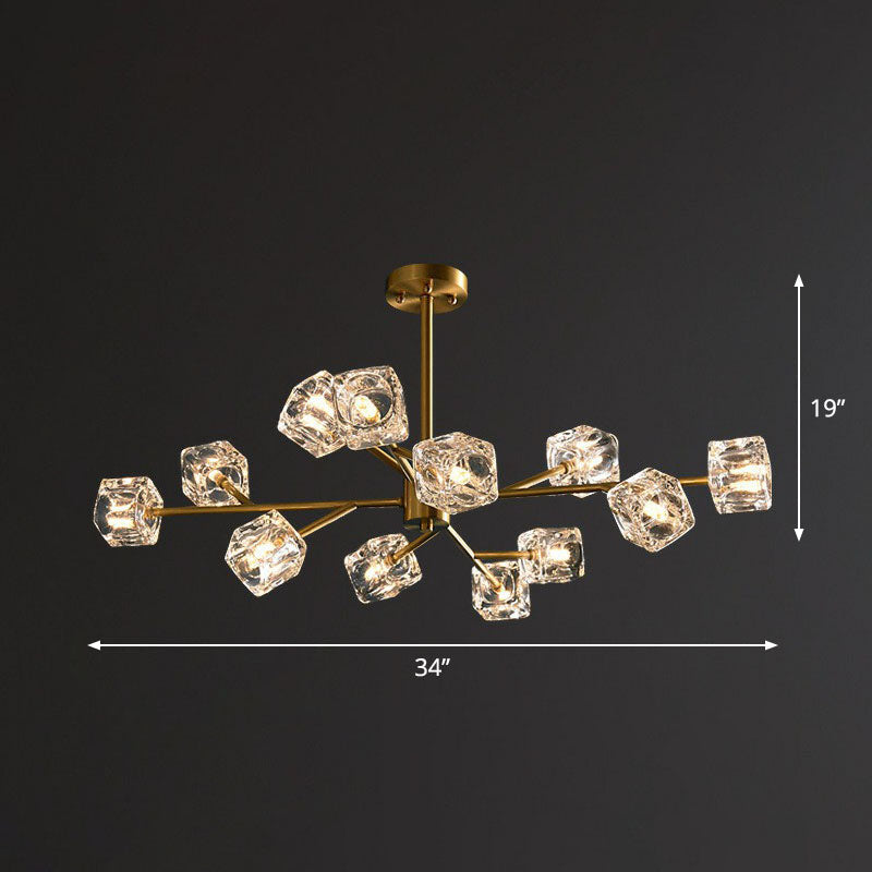 Modern Gold Branch Chandelier Lamp with Clear Crystal Cube - Living Room Suspension Light