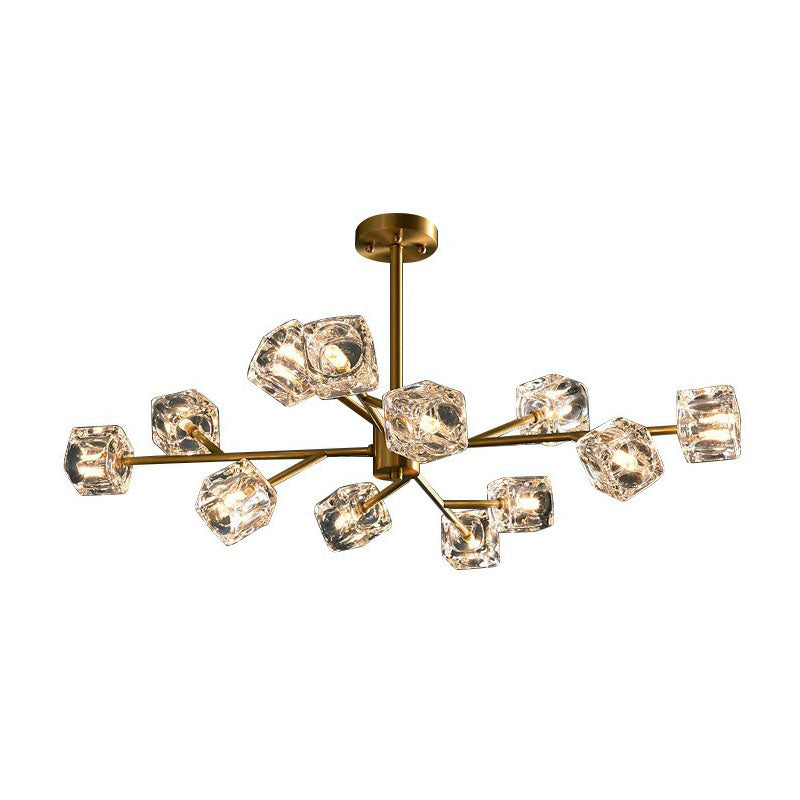 Modern Gold Branch Chandelier Lamp with Clear Crystal Cube - Living Room Suspension Light
