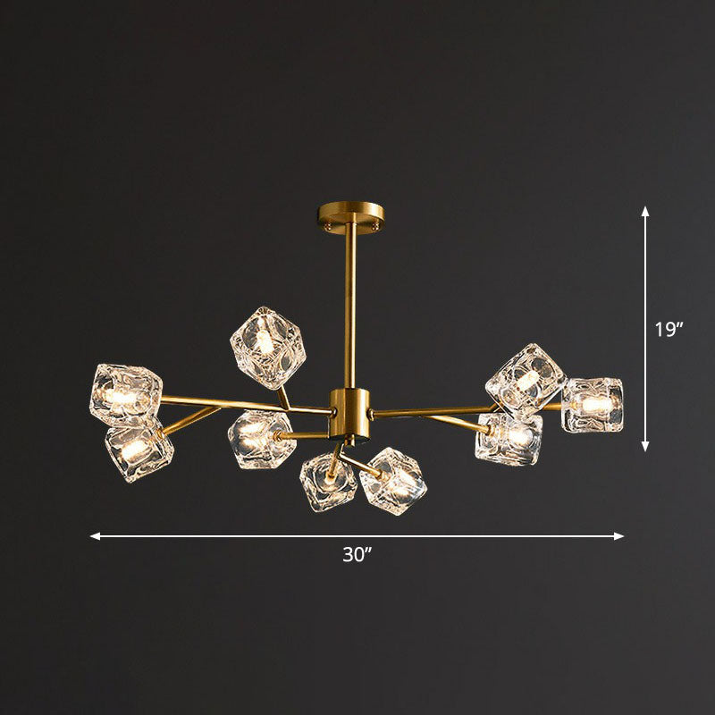 Modern Gold Branch Chandelier Lamp with Clear Crystal Cube - Living Room Suspension Light