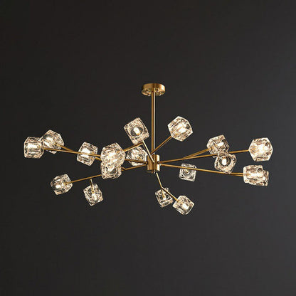 Modern Gold Branch Chandelier Lamp with Clear Crystal Cube - Living Room Suspension Light