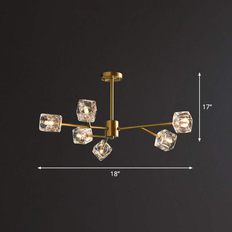 Modern Gold Branch Chandelier Lamp with Clear Crystal Cube - Living Room Suspension Light