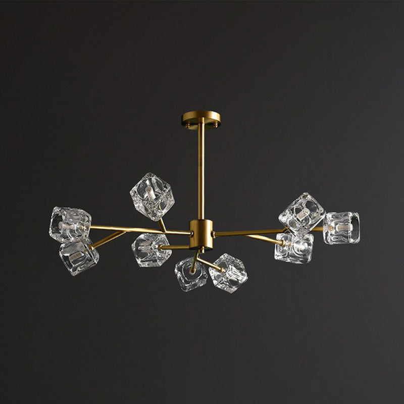 Modern Gold Branch Chandelier Lamp with Clear Crystal Cube - Living Room Suspension Light