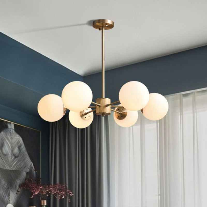 Frosted White Glass Ball Chandelier with Minimalist Gold Finish - Elegant Ceiling Light for Dining Room