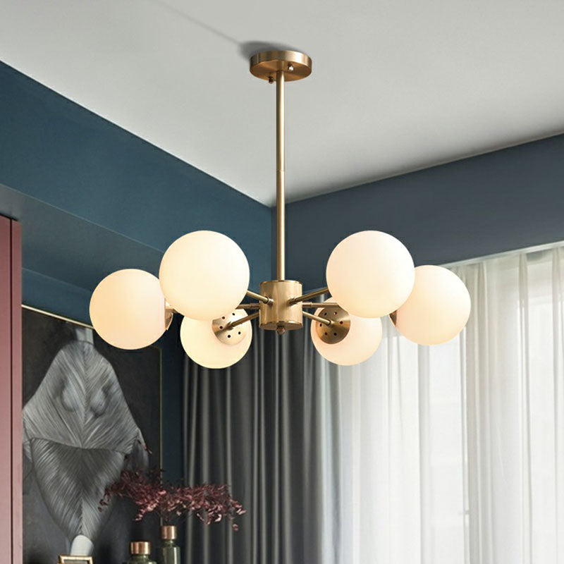 Frosted White Glass Ball Chandelier with Minimalist Gold Finish - Elegant Ceiling Light for Dining Room