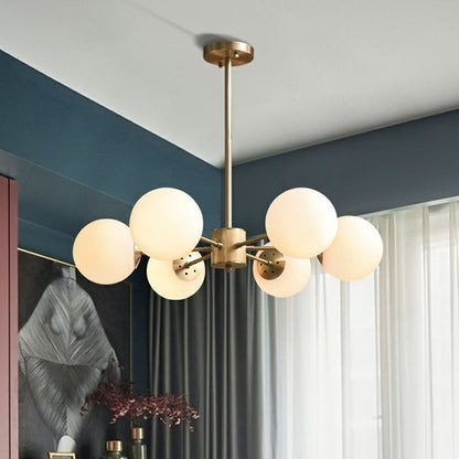 Frosted White Glass Ball Chandelier with Minimalist Gold Finish - Elegant Ceiling Light for Dining Room